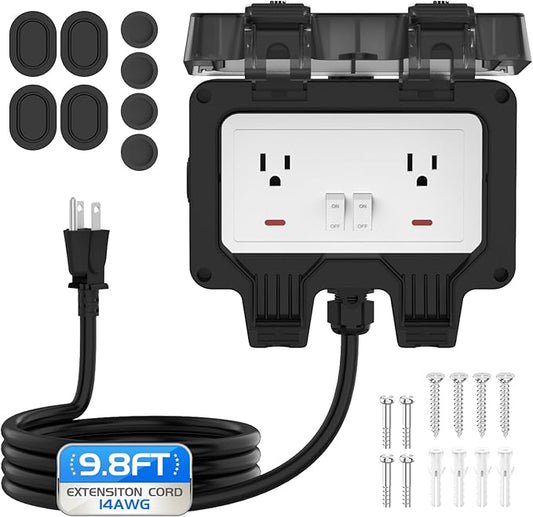 Outdoor Outlet Box with 9.8Ft Extension Cord, NEMA 5-15R, STW 14 AWG,IP66 Waterproof Power Outlet Extender with On/Off Switch & LED Indicator for Garden Yards& Outdoor Activity