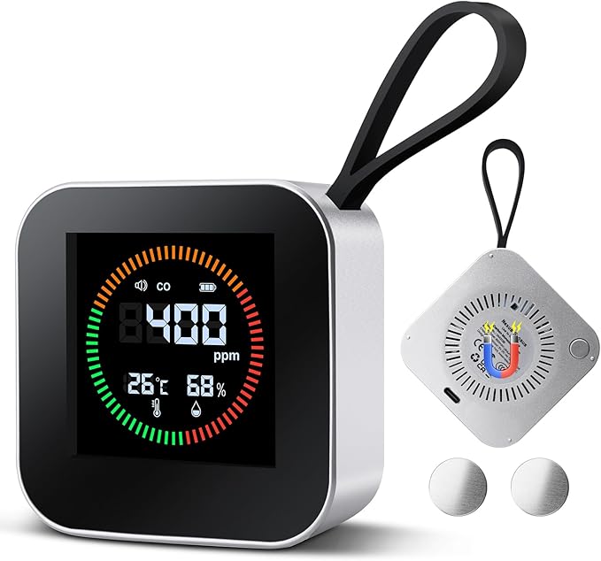 3-in-1 Portable Carbon Monoxide Detector - UL-Compliant CO Detector - Battery Powered Carbon Monoxide Detector for Home, RV, Camping, Travel with CO/Temp/Humidity Monitoring(1, Silver)