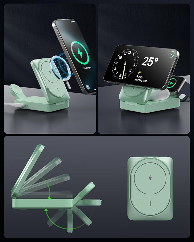 3-in-1 Wireless Charger Charging Station for iPhone, Qi2 Certified 15W Fast Charging Foldable Magnetic Charger Stand with 30W USB C Adapter for MagSafe iPhone 16/15/14/13/12, Apple Watch, AirPods