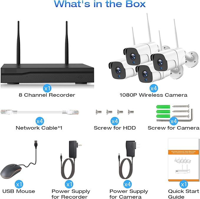 Wireless Security Camera System with 3TB HDD - 4 Outdoor Bullet Cameras & 8CH NVR for 24/7 Recording - IP66 Weatherproof, Remote Access, Plug-and-Play Home CCTV Setup