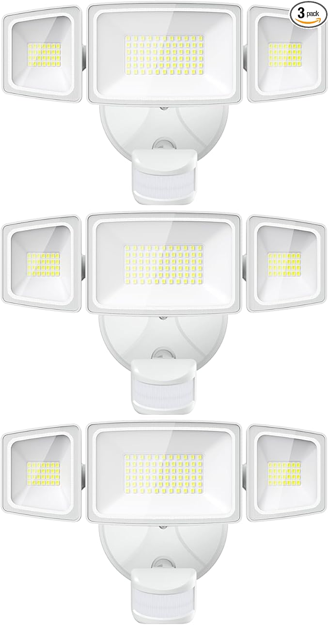Onforu 3 Pack 65W LED Motion Sensor Outdoor Lights, Security Light Motion Outdoor Flood Light Fixture Detection Detector, 3 Adjustable Heads 6500LM 6500K IP65 Waterproof Exterior Garage Yard (White)