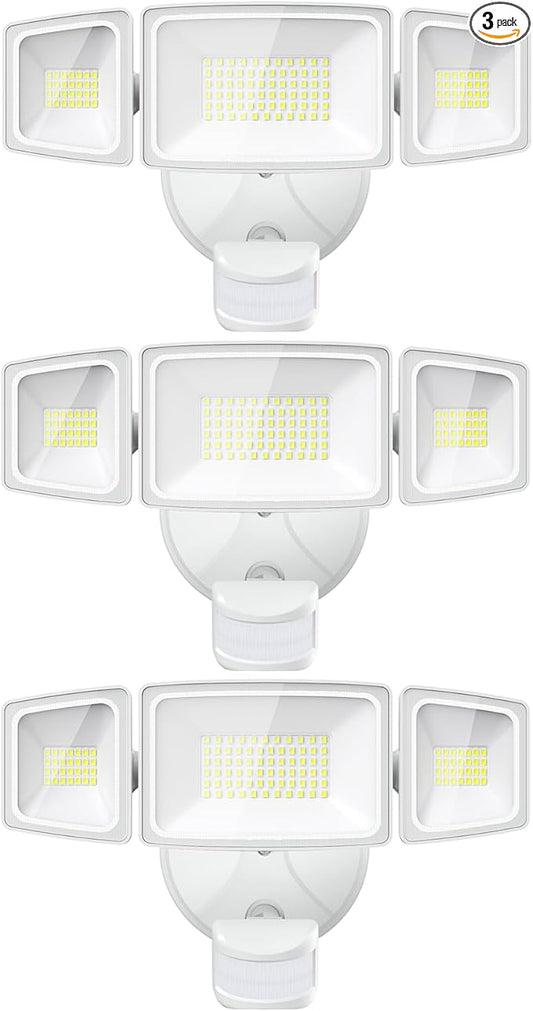 Onforu 3 Pack 65W LED Motion Sensor Outdoor Lights, Security Light Motion Outdoor Flood Light Fixture Detection Detector, 3 Adjustable Heads 6500LM 6500K IP65 Waterproof Exterior Garage Yard (White)