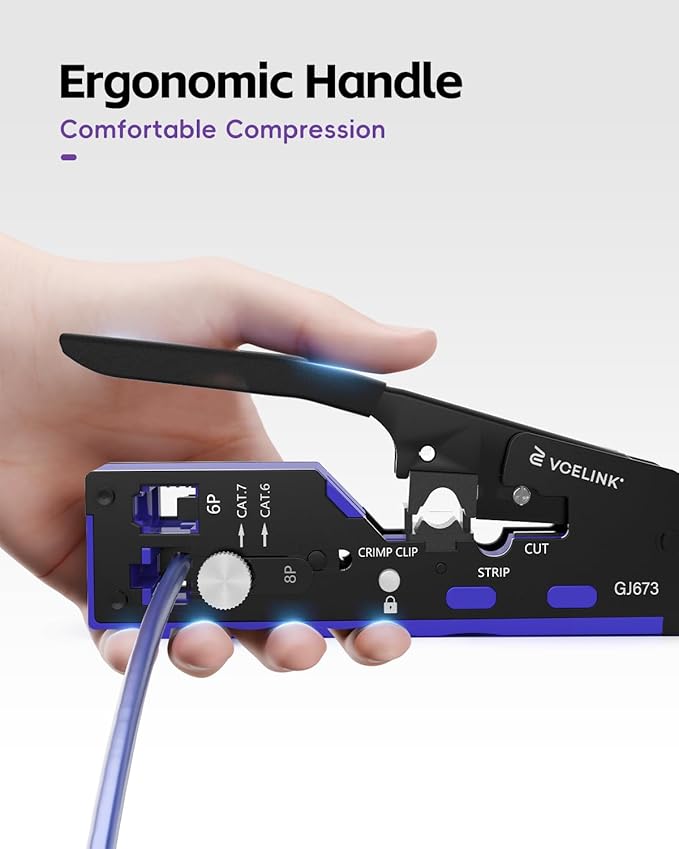 VCELINK RJ45 Crimp Tool, All-In-One Ethernet Crimper for CAT7/CAT6A/CAT6/CAT5E/CAT5, No Screwdriver Needed RJ45 and RJ11/RJ12 Crimping Tool with An Adjustable Knob