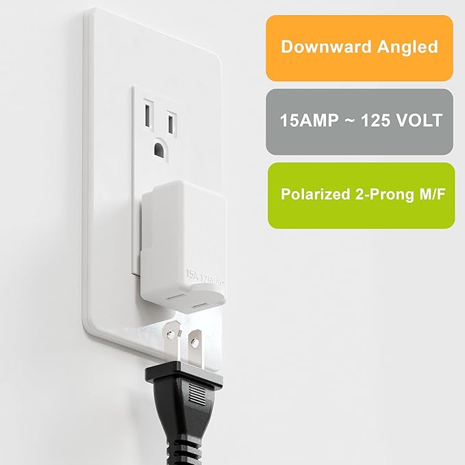 Polarized 2-Prong L Type Adapter, Vertical Right Angled Down Angle AC Adapter with NEMA 1-15P USA Outlet Saver Extension High Heat Resistant 2Pin Design