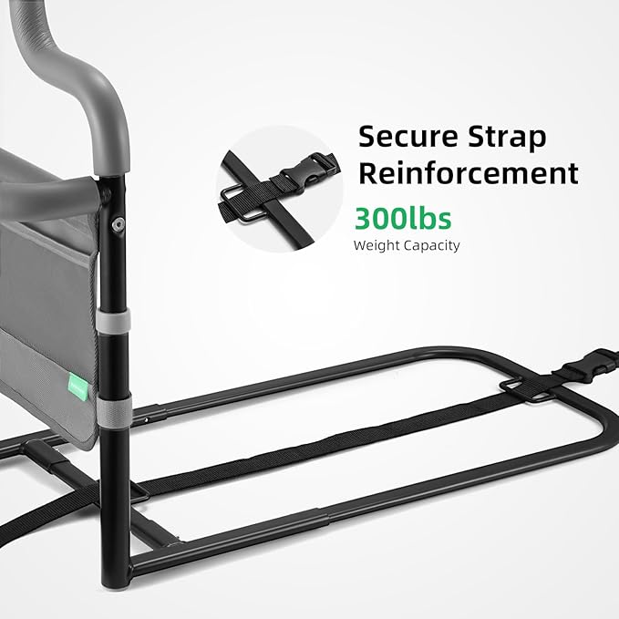 Dual Bar Bed Rail for Elderly Adults Safety with Storage Pocket, Bed Assist Rail for Seniors for Easily Getting in & Out of Bed, Bed Rails Fits King, Queen, Full, Twin Bed - Grey