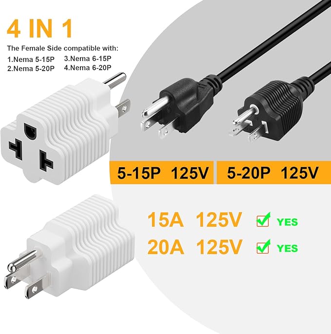 4-in-1 15 Amp to 20 Amp AC Adapter - 5-15P to 5-20R, 6-15R, 6-20R, 15A 125V to 20A 250V (White, 3 Pack)