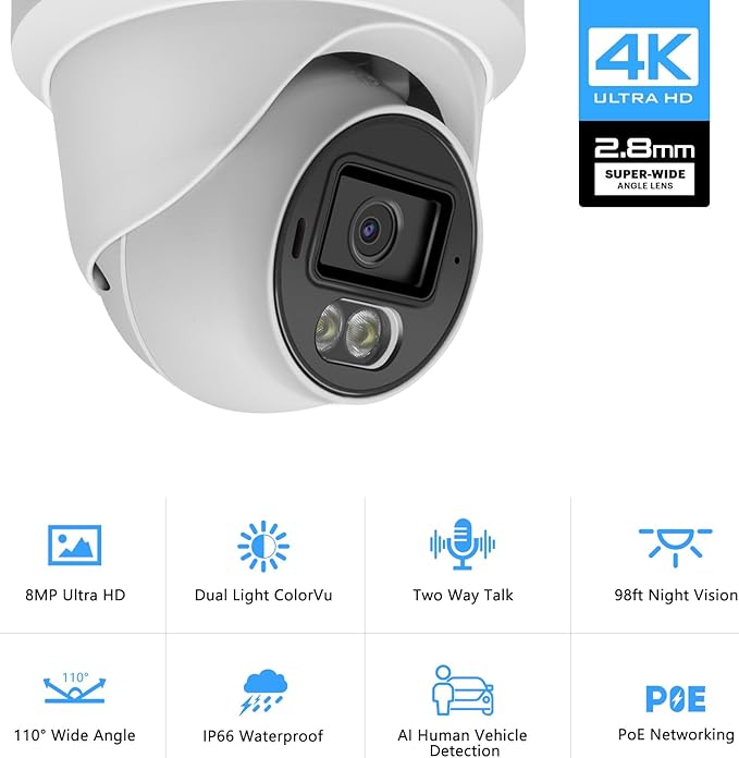 8MP 4K PoE IP Turret Dome Camera Outdoor