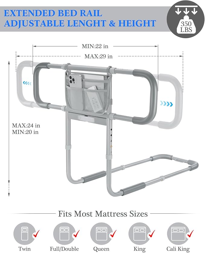 Bed Rails for Elderly Adults Safety, Extended Bed Assist Rail for Seniors with Motion Sensor Light - Adjustable Side Bed Guard Rails Handle Support Bar with Storage Bag, Fit King Queen Full Twin Bed