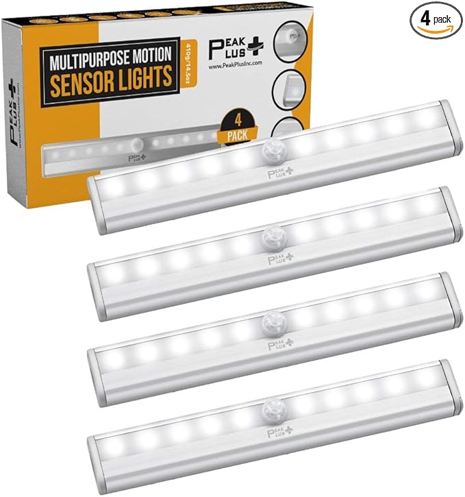 PeakPlus LED Motion Sensor Light, LED Battery Operated Lights, Under Cabinet Lighting, Stick On Lights, 10-LED Magnetic Wireless Motion Sensor Night Light for Closet, Counter, Stairway (4 Pack)