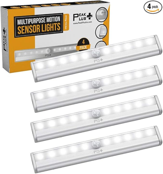 PeakPlus LED Motion Sensor Light, LED Battery Operated Lights, Under Cabinet Lighting, Stick On Lights, 10-LED Magnetic Wireless Motion Sensor Night Light for Closet, Counter, Stairway (4 Pack)