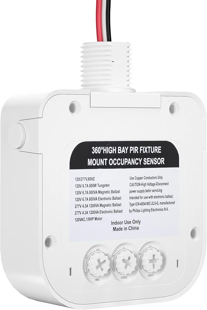 Ceiling Occupancy Motion Sensor, Passive Infrared Technology, High Bay Fixture Mount 360 Degree, Hard-Wired, 120-277 VAC, Commercial, Industrial Grade Occupancy Sensor