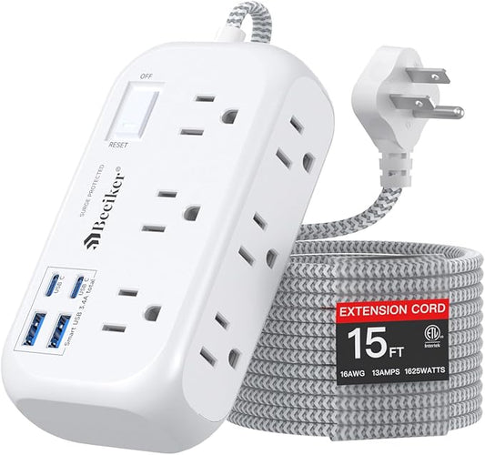 4 USB(2 USB C) Surge Protector Power Strip- 15 Ft Extension Cord with 6 Widely Outlets and Switch, Flat Plug Desk USB Charging Station with Long Braided Extension Cord Wall Mount for Home Office Dorm