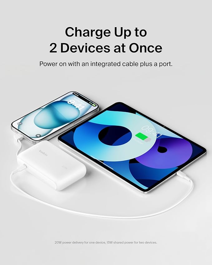 Belkin Portable Charger, Power Bank with Integrated Cable 10000 mAh 20W - Fast Charge USB C Power Delivery, iPhone Charger - iPhone 16 Series, iPad Pro, Galaxy S25, & More - White