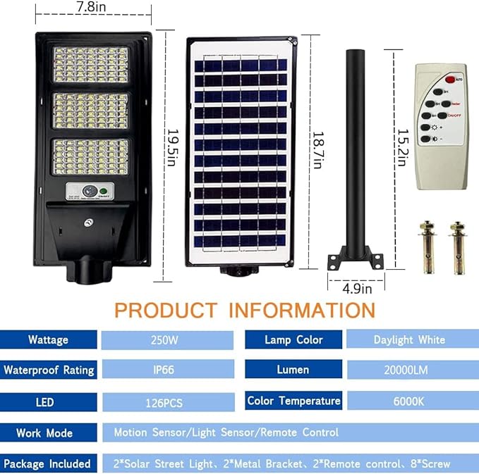 20000LM Solar Street Light Dusk to Dawn Solar Outdoor Lights with Motion Sensor for Street,Yard,Parking Lot (2 Pack)