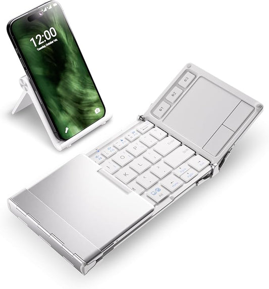iClever Bluetooth Keyboard with Touchpad, Foldable Keyboard, Metal Body, Gesture Support, USB-C Charge, Pocket-Size Wireless for Travel, iPad, iPhone, Android, Windows, Silver White