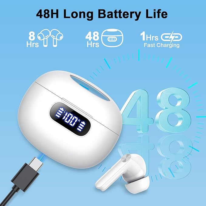 Wireless Earbuds, Bluetooth 5.3 Headphones LED Power Display, 2025 New Wireless Earphones, 4 ENC Noise Cancelling Mic, HiFi Stereo, 48H Playtime Mini Case IP7 Waterproof for Work & Play