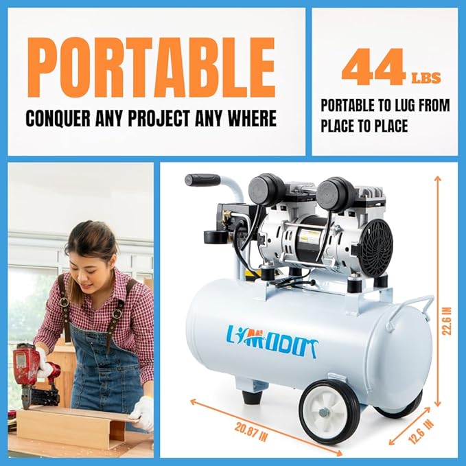 Quiet Air Compressor, Only 68dB, 8 Gallon Steel Tank, 2.8CFM @ 90PSI, Oil-Free, Electric Air Compressor Perfect for Woodwork Nailing, Garage, Car, Pneumatic Tool, Includes 11 Accessories