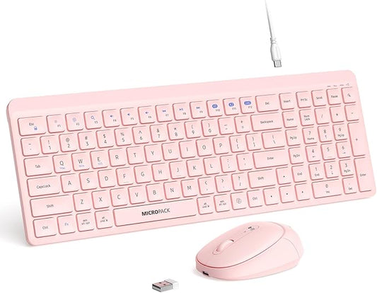 Pink Wireless Keyboard and Mouse Combo for Desktop Mac iPad Bluetooth 2.4 Ghz Rechargeable Slim Silent Click with Number Pad Compatible with Pc, Laptop, Tablet (Pink)