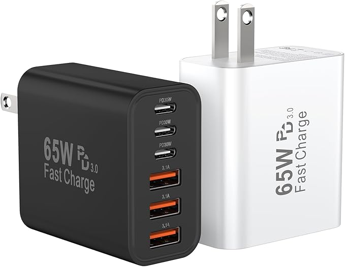 USB C Charger Block, 65W USBC Wall Charging Blocks 6-Port PD & QC Power Adapter Multiport Type C Fast Chargers Plug Cube Brick for iPhone 16/15/14/13/12/Pro Max,iPad Pro,Samsung Galaxy S25 Black