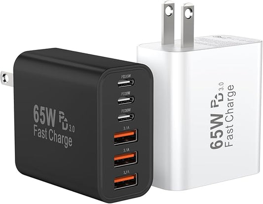 USB C Charger Block, 65W USBC Wall Charging Blocks 6-Port PD & QC Power Adapter Multiport Type C Fast Chargers Plug Cube Brick for iPhone 16/15/14/13/12/Pro Max,iPad Pro,Samsung Galaxy S25 Black