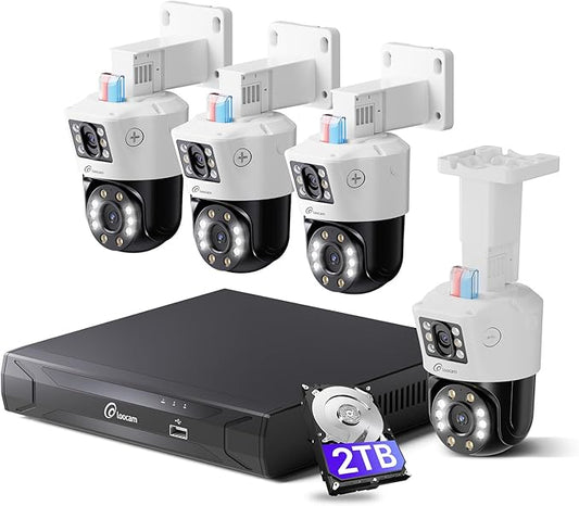 Dual-Lens 4K PoE Security Camera System, 4pcs Pan/Tilt CCTV Wired PoE IP Camera Outdoor Indoor, AI Person/Vehicle, Spotlight Siren, Color Night Vision, 8CH 8MP NVR with 2TB HDD