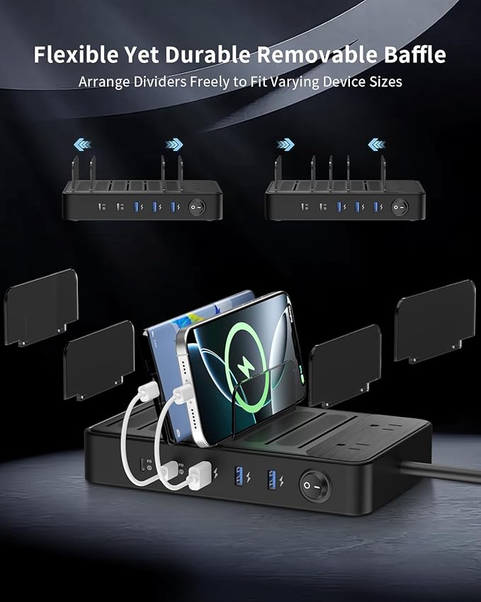 85W Charging Station for Multiple Devices, 7-in-1 Power Strip with 2 AC, 2 USB C, 3 USB A, USB C Charging Hub for MacBook, iPhone, Android & More, USB Desk Charger, Black