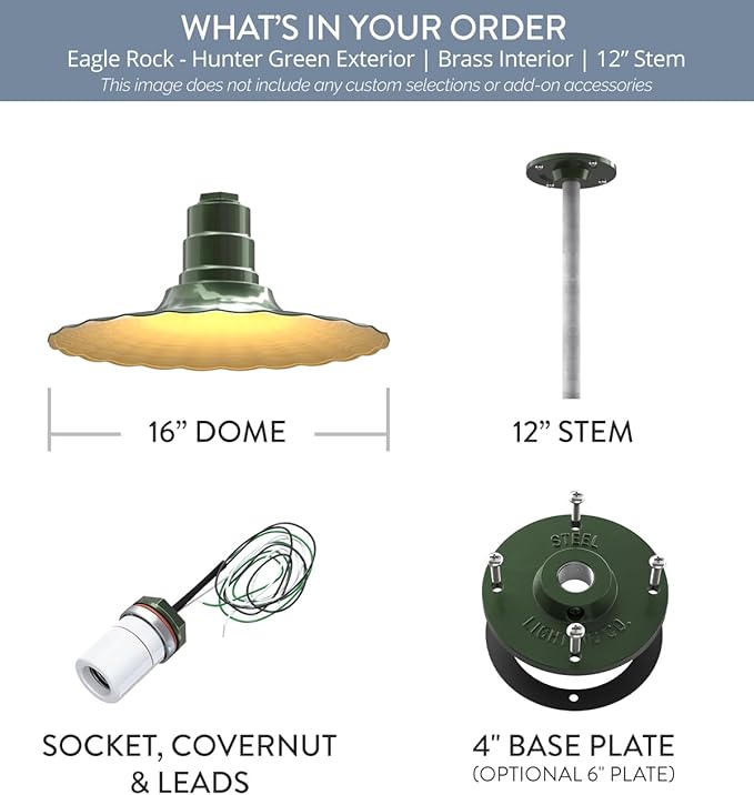 Steel Lighting Co. Eagle Rock Pendant | Ceiling Mounted Light | 16" Radial Wave | 12" Galvanized Stem | Heavy Duty Steel Retro Farmhouse Style Made in America | Hunter Green Exterior/Brass Interior