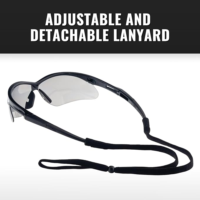 Veratti V1023N Safety Glasses, Gray Anti-Scratch Lens, ANSI Z87.1, Removable Strap, Black Frame, Impact Resistant