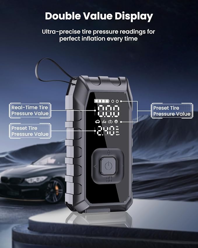 Tire Inflator Portable Air Compressor, 180PSI Faster Inflation Cordless Air Compressor, 20000mAh & 30W Fast Charge, Dual Cylinder Electric Air Pump for Heavy-Duty Vehicles, Car, Motorcycle, Bike, Ball
