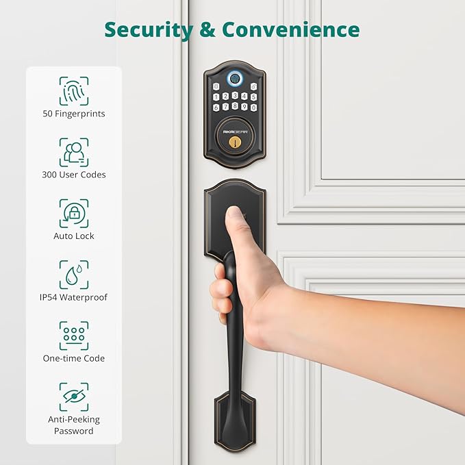 DS10 Keyless Entry Door Locks - Keypad Lock with Handle Set, Fingerprint Deadbolt, Smart Locks for Front Doors, Auto-Lock & One Touch Locking, 2 Keys, Easy Installation