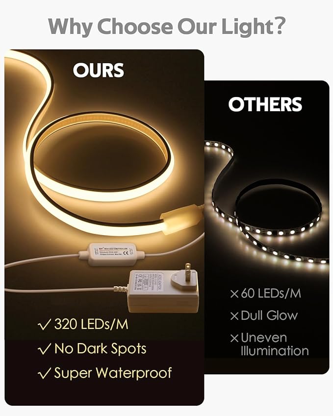 5M LED Light Strip 24V 16.4FT COB LED Strip Light with Remote Warm White Tunable LED Tape Light 3000K 320LEDs/M High Density Waterproof LED Rope Light Outdoor Includes Adapter for Cabinet