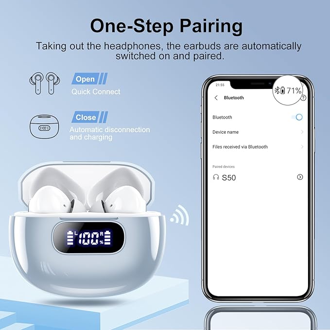 Wireless Earbuds, Bluetooth 5.3 Headphones with LED Power Display, 2025 New Wireless Earphones, HiFi Stereo,4 ENC Noise Cancelling Mic, 48H Playtime Mini Case IP7 Waterproof for iOS Android
