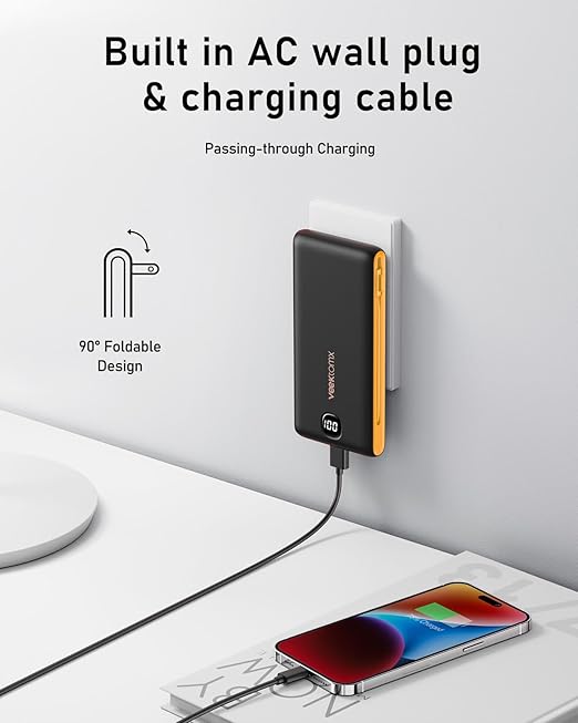 VEEKTOMX Portable Charger with Built in Cables 10000mAh, Power Bank for iPhone with Wall Plug, Travel Essential Fast Charging USB C Slim External Battery Pack for iPhone16/15/14, Samsung, iPad, etc