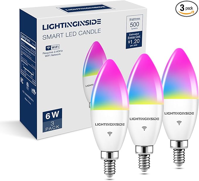 E12 Smart Light Bulbs 60W Equiv., 500LM 6W RGBCW Candelabra Chandelier Candle Bulb Works with Alexa/Google Home/Smart Life, 2.4G WiFi Bluetooth Bulbs, No Hub Required, ETL Listed, 3PCS