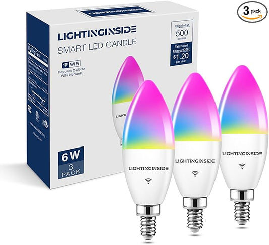 E12 Smart Light Bulbs 60W Equiv., 500LM 6W RGBCW Candelabra Chandelier Candle Bulb Works with Alexa/Google Home/Smart Life, 2.4G WiFi Bluetooth Bulbs, No Hub Required, ETL Listed, 3PCS