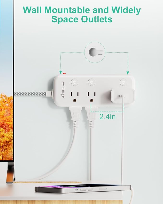 Individual Switch Power Strip Surge Protector with 6 Outlets 3 USB(17W USB C), 5Ft Braided Cord Ultra Thin Flat Plug, 13A Wall Mount Extension Cord with Circuit Breaker for Travel Home Office Dorm