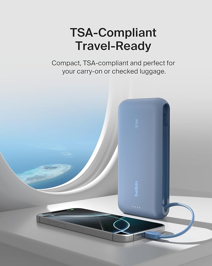 Belkin Portable Charger, Power Bank with Integrated Cable 20000 mAh 30W - Fast Charging USB C Power Delivery, iPhone Charger - iPhone 16 Series, iPad Pro, Galaxy S25 Series, & More - Blue
