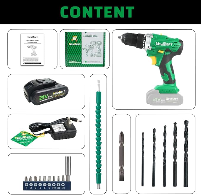 NEWBEAT Power Drill Set - 21V MAX Power Drill Driver, Electric Cordless Drill with Battery and Charger, 3/8" Keyless Chuck, 2 Variable Speed, 25+1 Torque Setting Power Tools for Home and DIY Project