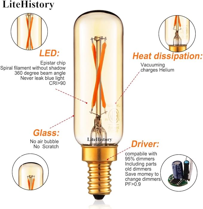 LiteHistory Dimmable T6 led Bulb 25W Candelabra led 2200K Amber 120lm 2W e12 T25 led Bulb 6Pack