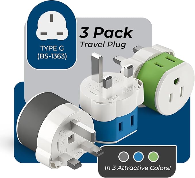 OREI UK, Ireland, Dubai Power Plug Adapter with 2 USA Inputs - Travel 3 Pack - Type G (US-7) Fuse Protected - Use with Cell Phones, Laptop, Camera Chargers, CPAP, and More