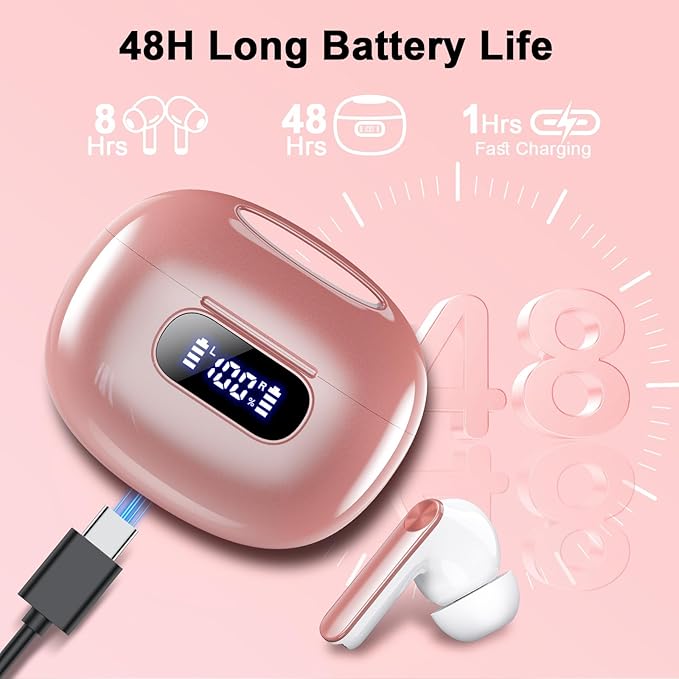 Wireless Earbuds, Bluetooth 5.3 Headphones LED Power Display, 2025 New Wireless Earphones, 4 ENC Noise Cancelling Mic, HiFi Stereo, 48H Playtime Mini Case IP7 Waterproof for iOS Android