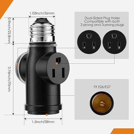 Onite Light Socket Outlet Adapter, Update to 3 Prong Plugs for Outdoor/Indoor with Waterproof and Dustproof Cover, (Black, 2-Pack)
