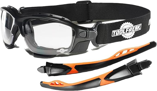 ToolFreak Spoggles - Clear Lens With Hard Case - Safety Glasses & Protective Goggles - Polycarbonate Lens, ANSI Z87 Rated - Foam Padded, Removable Legs, Headstrap, Hard Case & Cloth