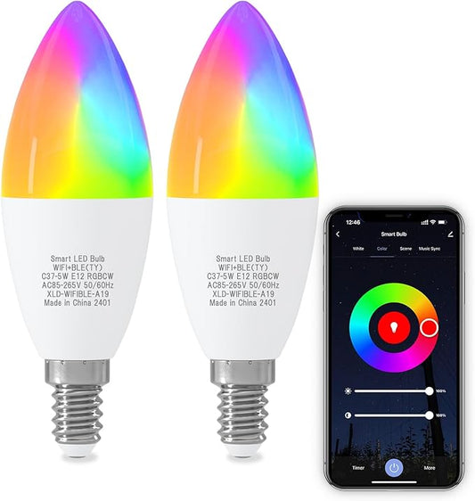 ORALUCE Smart Light Bulb Compatible with Alexa & Google Home, C37 E12 LED Light Bulb 40W Equivalent, 2.4GHz WiFi & Bluetooth Color Changing APP Dimmable, Multicolor LED Bulb 450 Lumens,2P