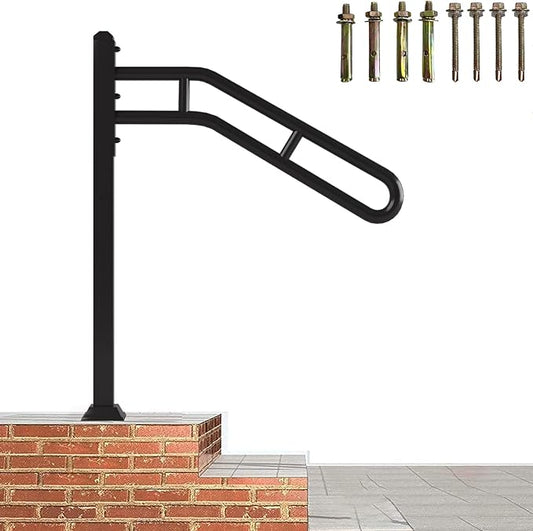 Single Post Handrail for Outdoor 1-3 Steps, Metal Bent Stair Handrails, Floor Mounted Wrought Iron Stair Railing, Sturdy U-Shaped Post Grab Rails with 2 Anti-Skid Crossbar for Garage, 32" L x 35.8" H