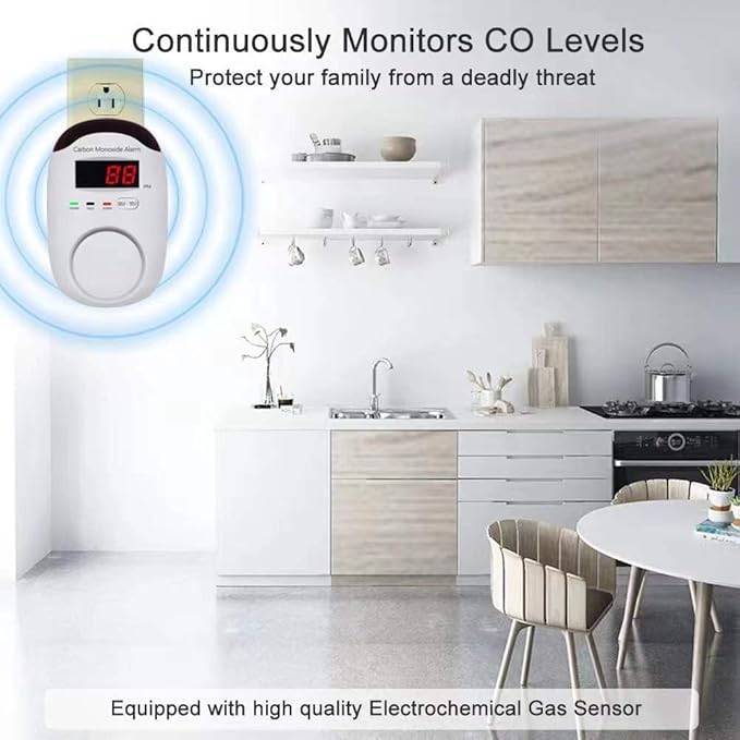 Plug-in Type Carbon Monoxide Alarm, CO Detector Monitor with LED Digital Display and Voice Alert for Home/Kitchen/Bedroom - 2 Pack