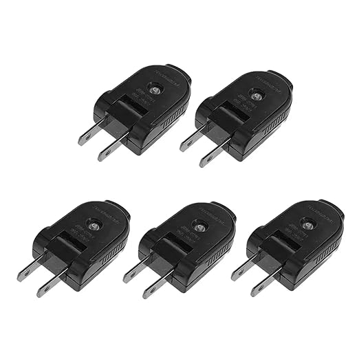 5-Pack 2-Prong 125V 15A Male Plug Replacement, Rotatable, Black, NEMA, Type A, Plug-In, 2 Poles, 2 Wires, Electrical