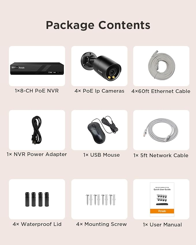 Security Camera System PoE, 4X 4MP Wired Bullet IP Cameras Outdoor Built-in Microphone, AI Human Vehicle Detection, 5MP 8CH NVR with 2TB HDD, Smart Color Night Vision, PB38F30408-4MD?Black