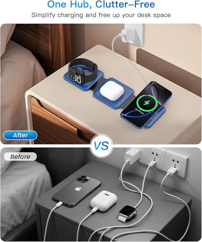Charging Station for Apple Devices - 3 in 1 Magnetic Foldable Wireless Charger Dock - Travel Charging Pad for MagSafe iPhone 16 15 14 13 12 Pro Max Plus Watch & Airpods