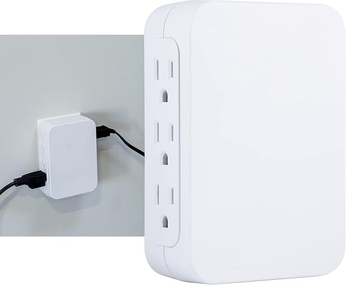 GE Pro 6-Outlet Extender, Surge Protector, Side Access, Wall Tap Adapter, 3-Prong, 1200 Joules, Warranty, UL Listed, White, 10353